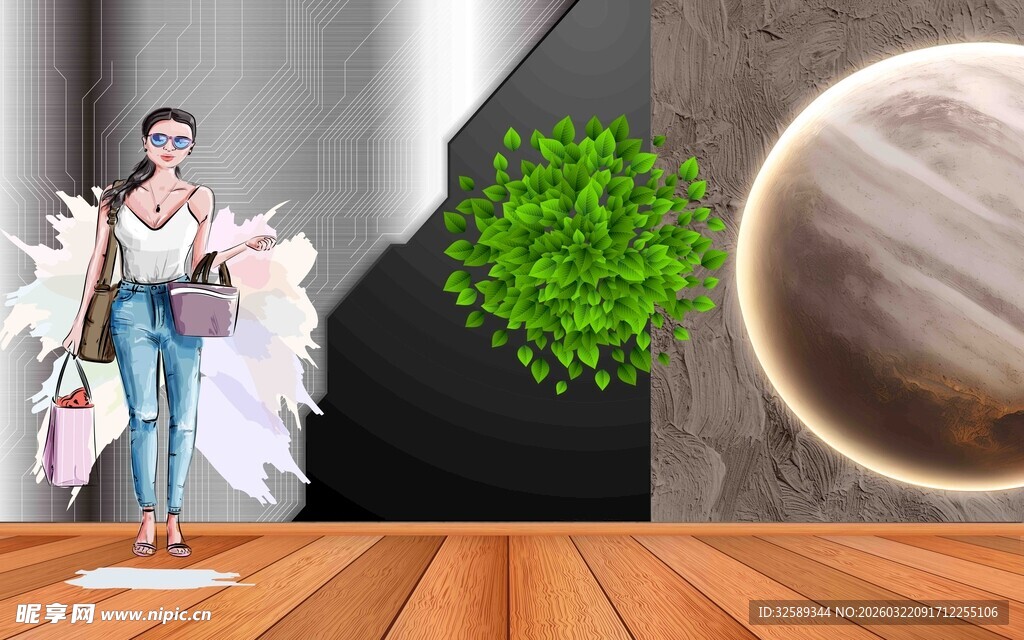 时尚女孩走廊与绿植场景