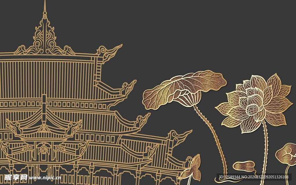 中式古建筑与花卉图案