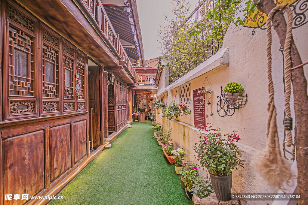 古巷绿植装点的静谧小道