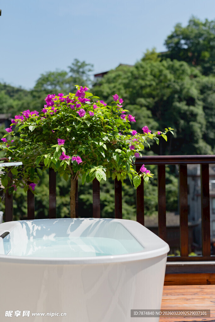 户外露台中的浪漫浴缸