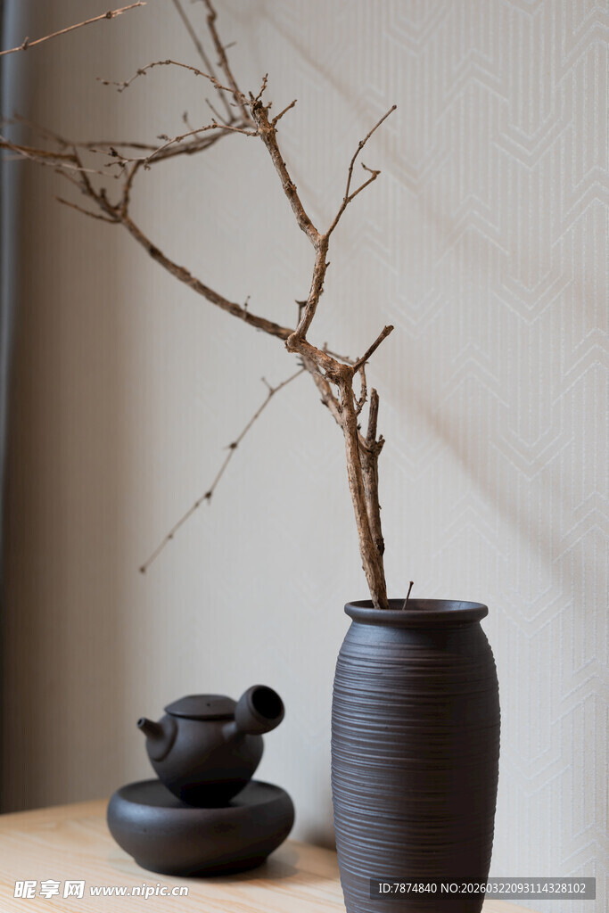 中式禅意黑陶枯枝摆件