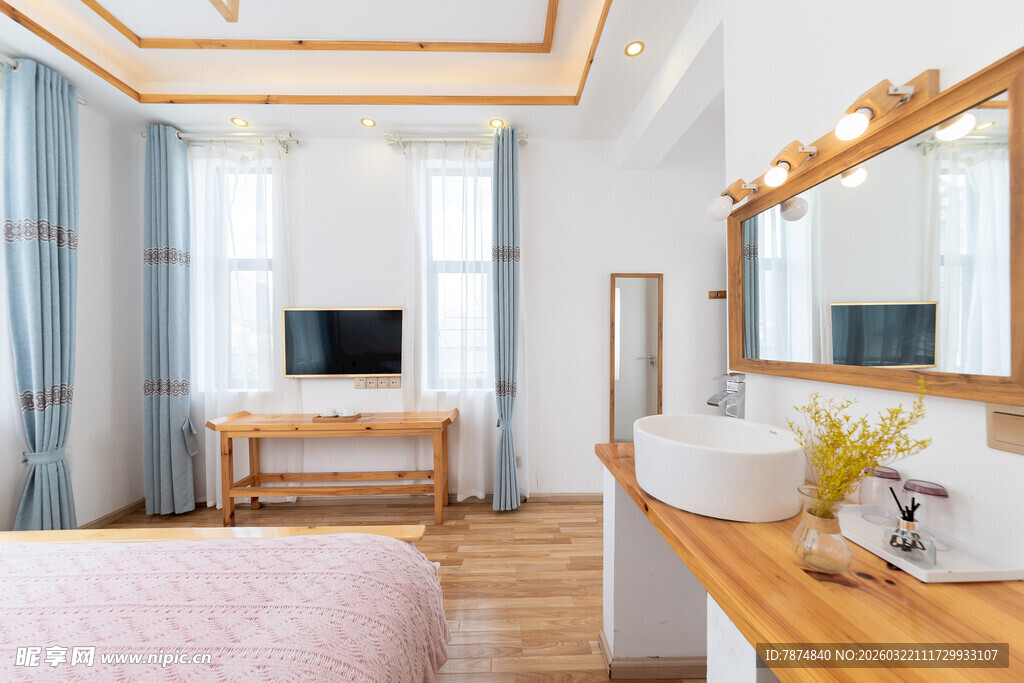 简约温馨卧室与洗漱区一角