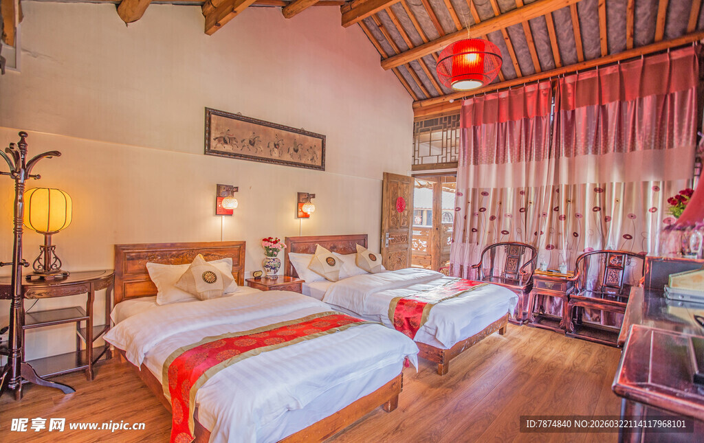 中式典雅双床卧室景观