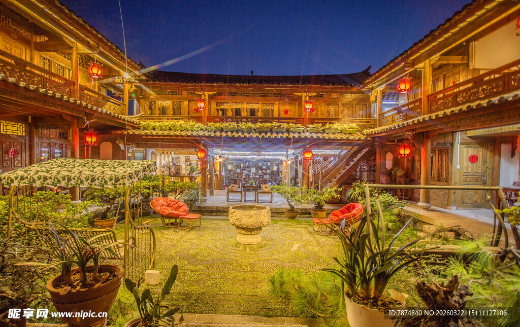 古雅庭院夜景 绿植环绕