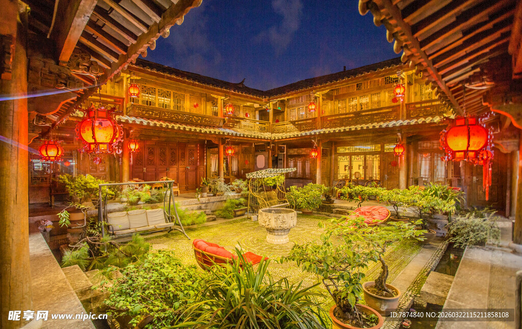 中式庭院夜景 灯笼高挂