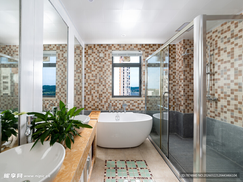 现代风浴室 浴缸绿植搭配美