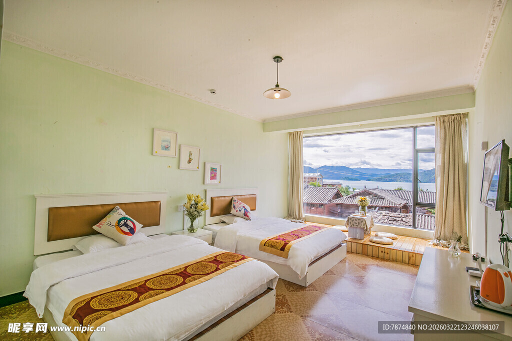 清新双床海景民宿房间