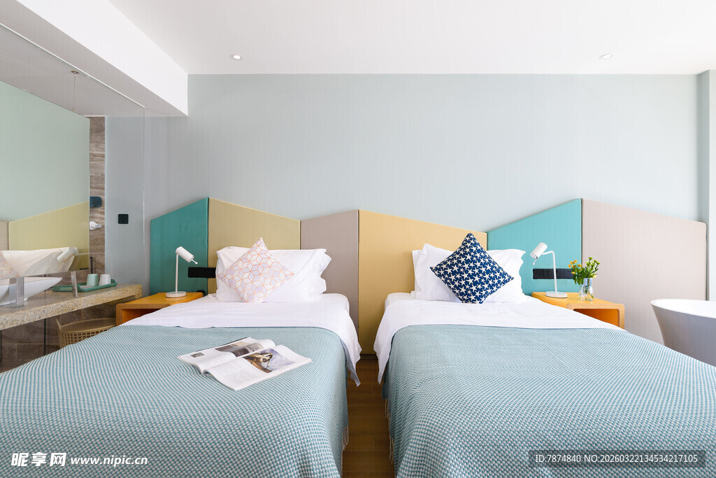 清新双床卧室室内场景
