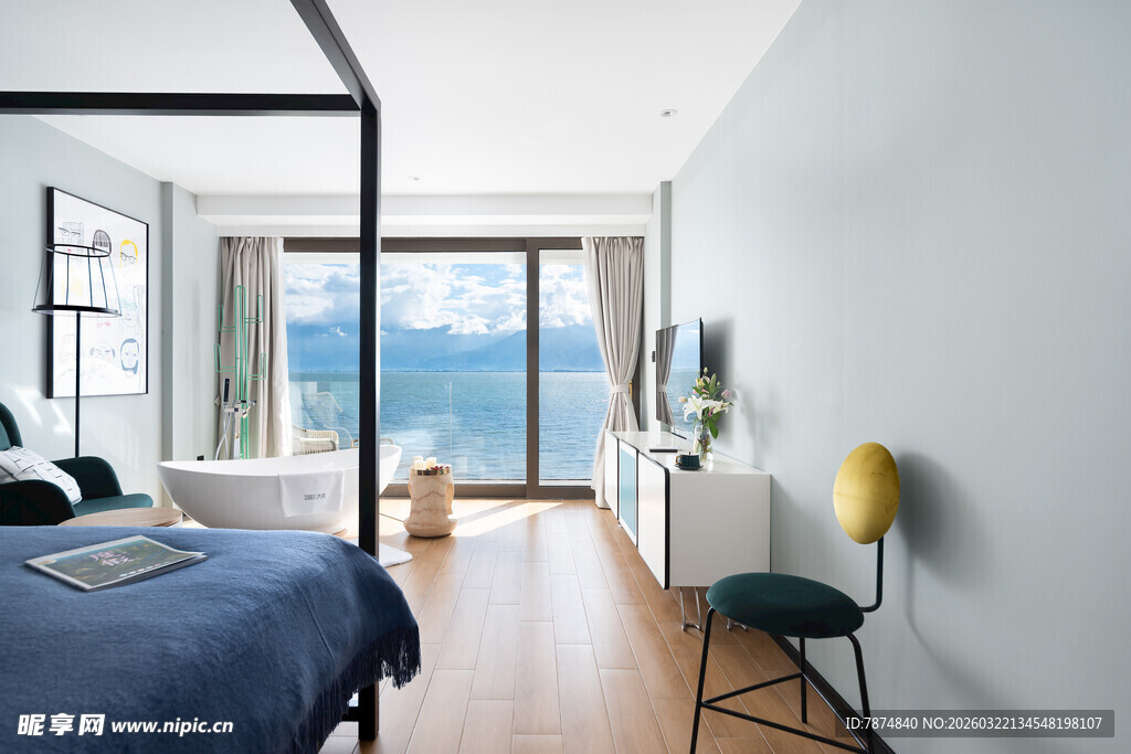 现代简约风卧室海景视野