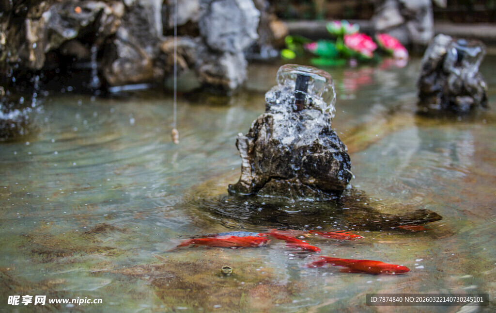 水中岩石与红色物体景观