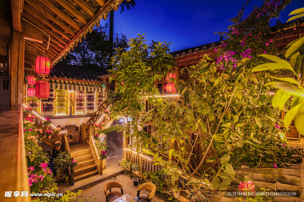 古雅小院夜景 绿植环绕