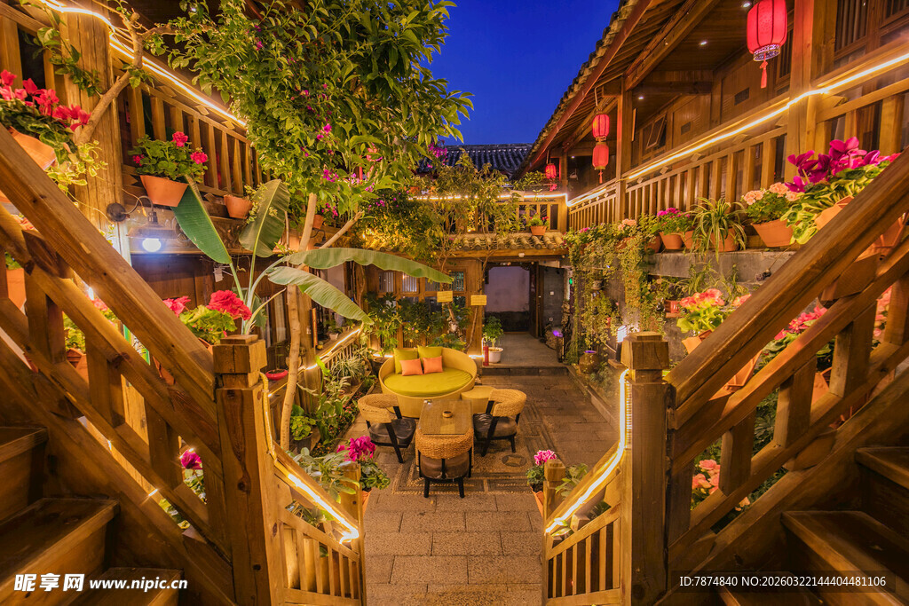 古雅庭院夜景 绿植红灯相映