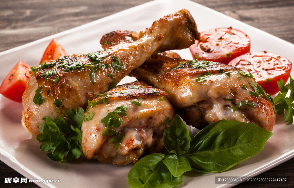 香烤鸡腿配蔬菜摆盘