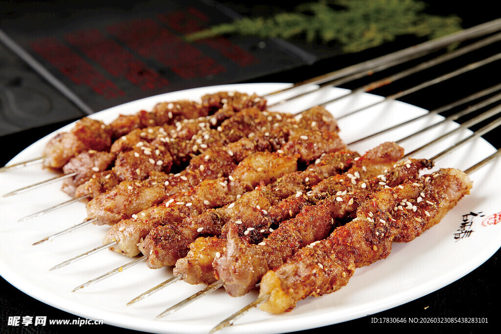 美味烤肉串摆放在白盘上