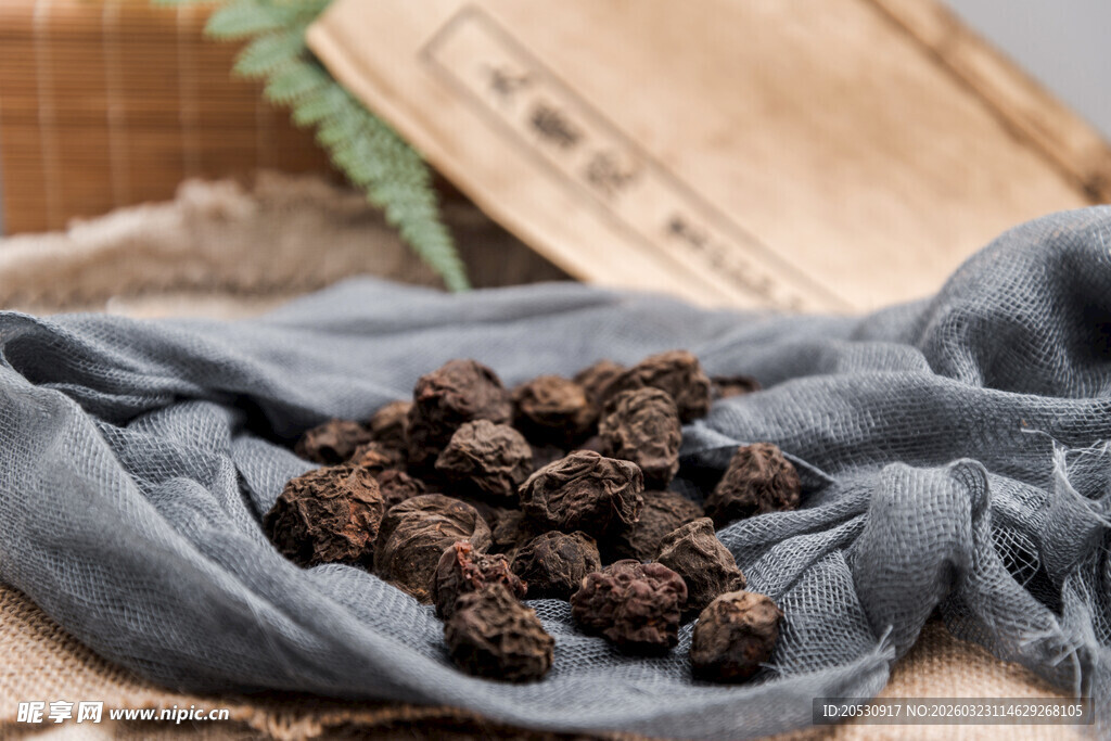 一堆乌梅散落在中药材