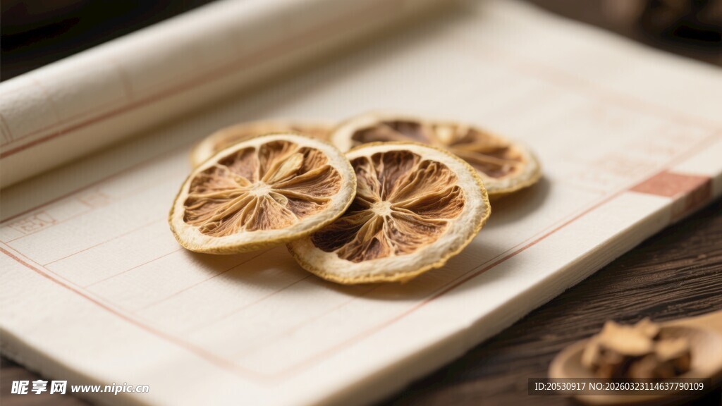 干柠檬片摆放在浅色托盘上