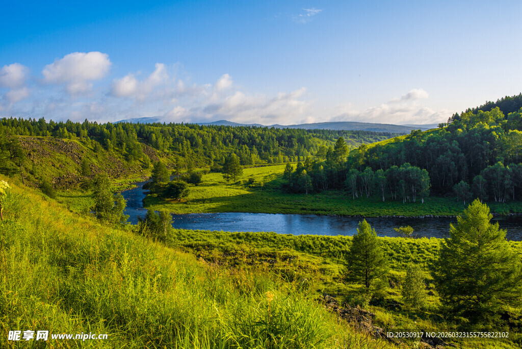 内蒙草原上的森林河流