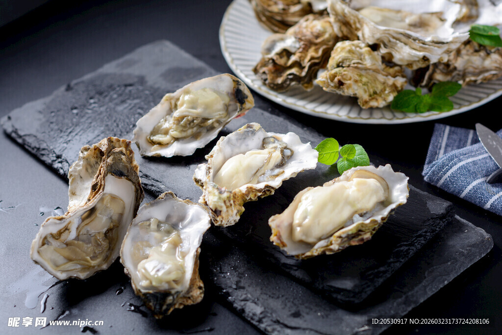 新鲜生蚝摆放在黑色石板上