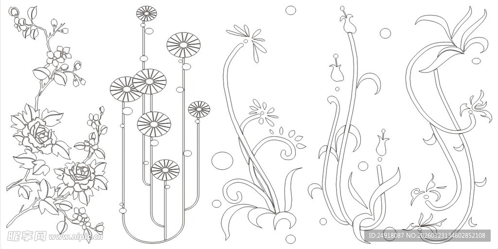 手绘花卉植物线条图案
