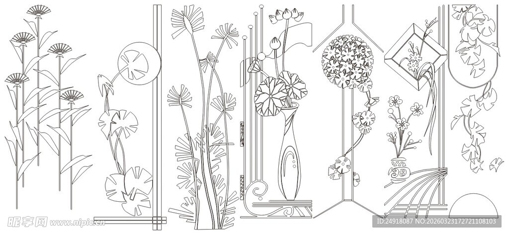 手绘花卉植物线稿图案