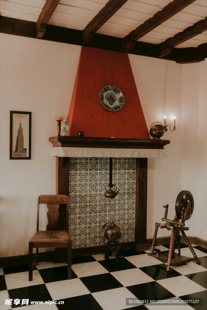 复古风格客厅壁炉场景