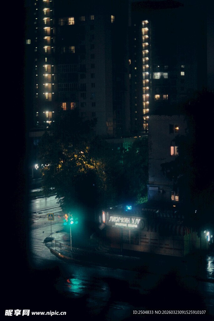 城市夜景下的静谧小区