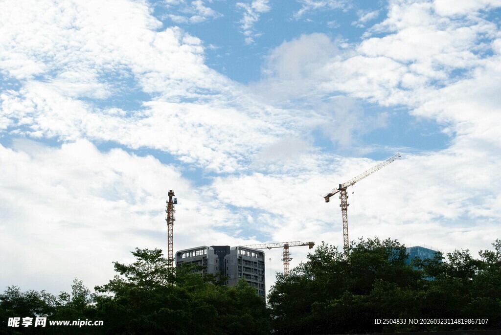 城市建设中的塔吊与蓝天