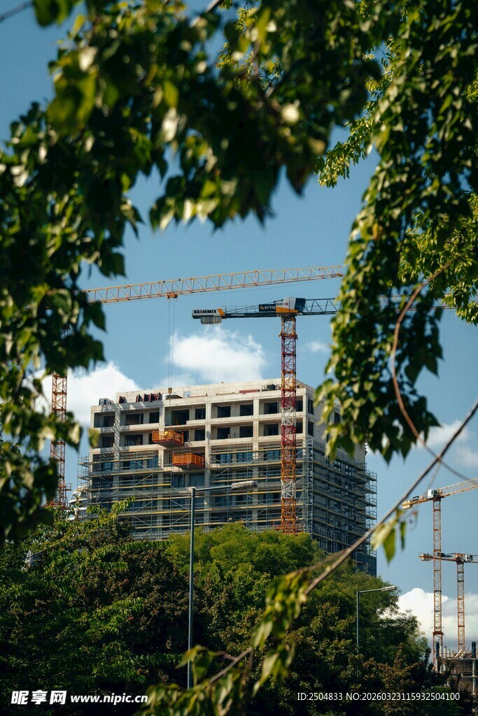 绿树掩映下的在建建筑