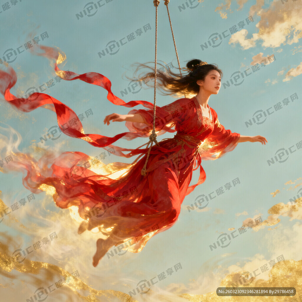 帮我生成一个美女人物吊着威亚飞