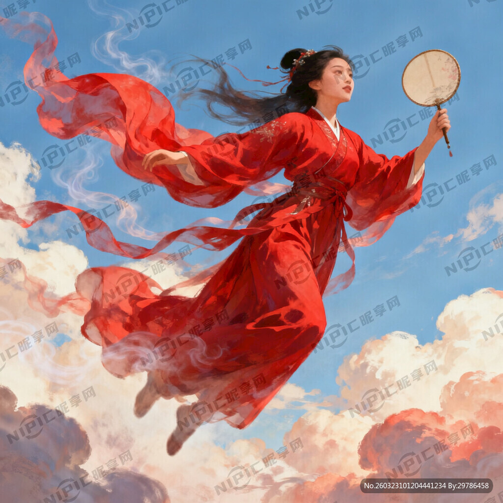 身穿红色汉服飞行图片