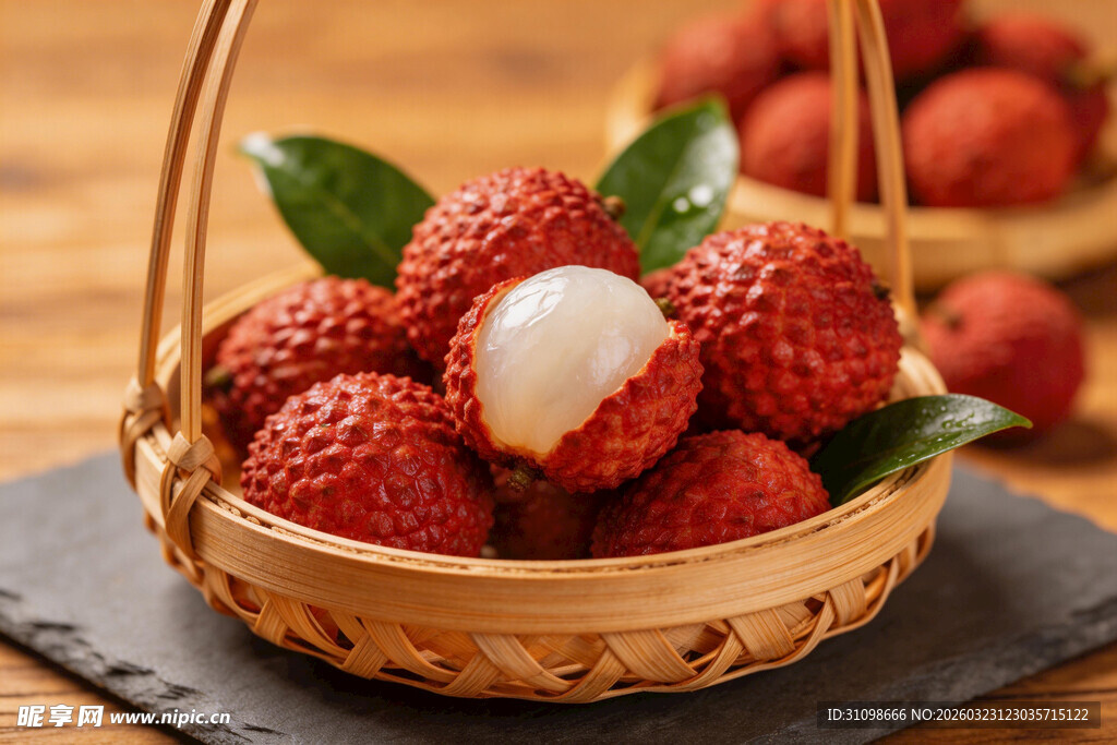 竹篮中新鲜剥开的红荔枝