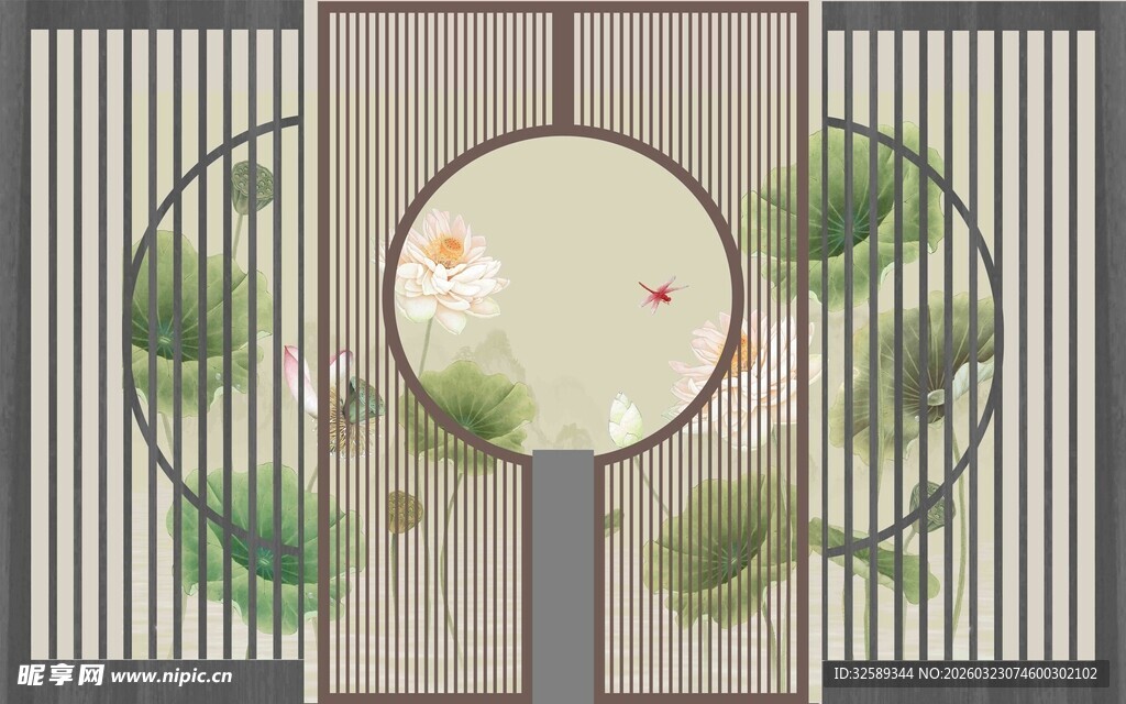 中式古典圆形窗景装饰图