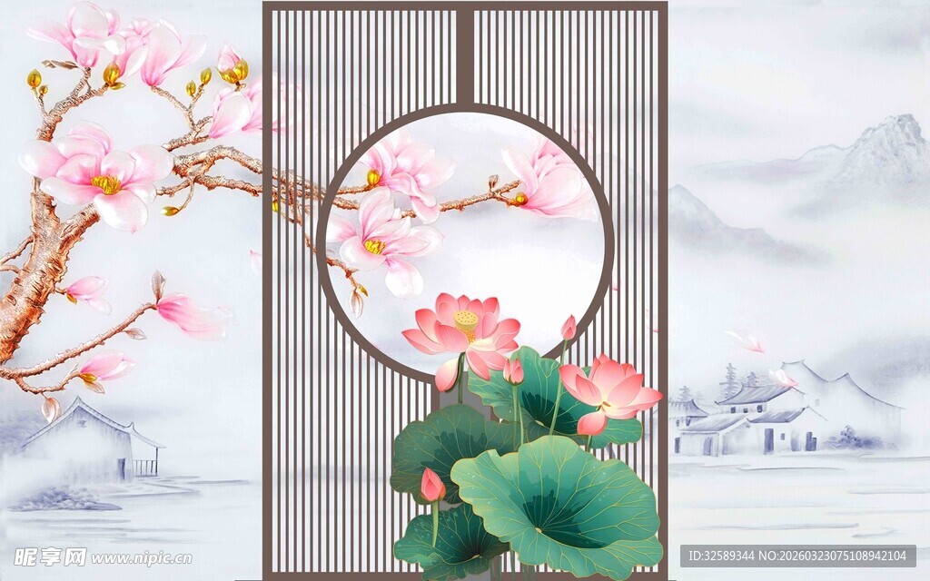 中式花鸟屏风意境图