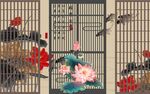 中式屏风上的花鸟荷花图