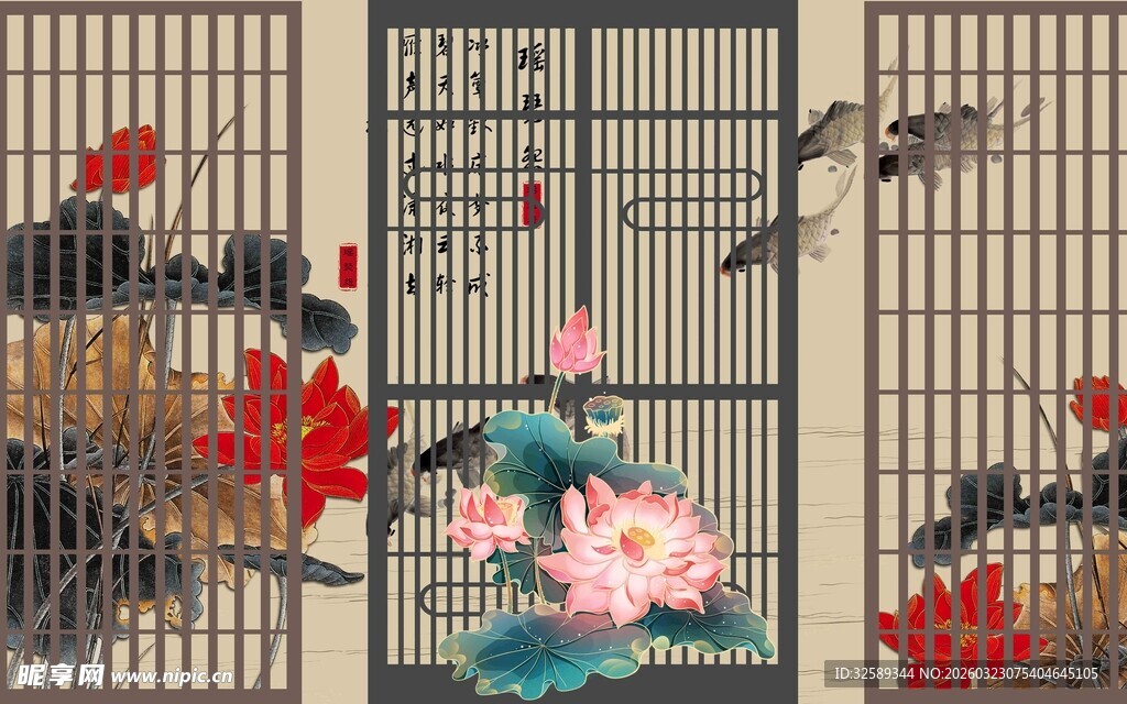 中式屏风上的花鸟荷花图