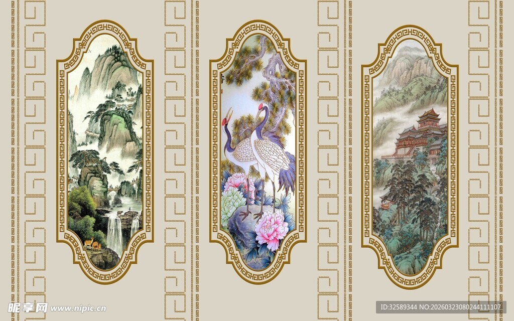 中式花鸟装饰画三联图