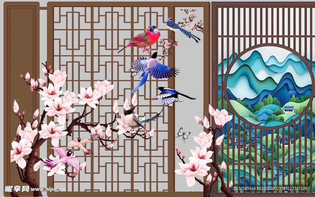 中式窗景下的花鸟与山水