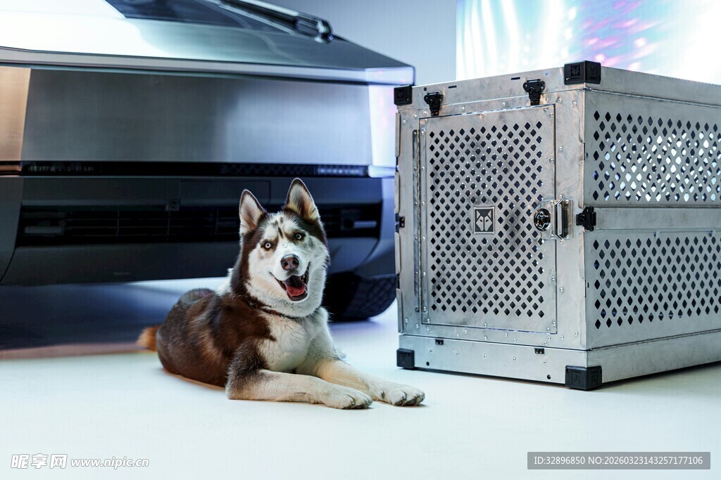 哈士奇在宠物笼旁休憩