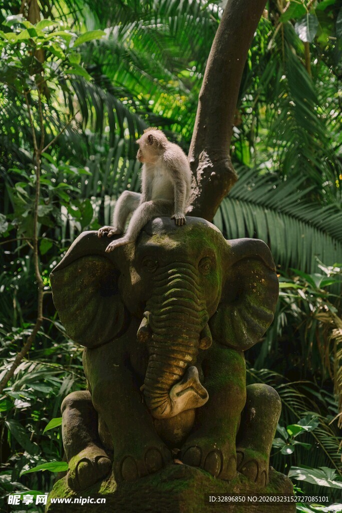 丛林中大象雕塑与猴子