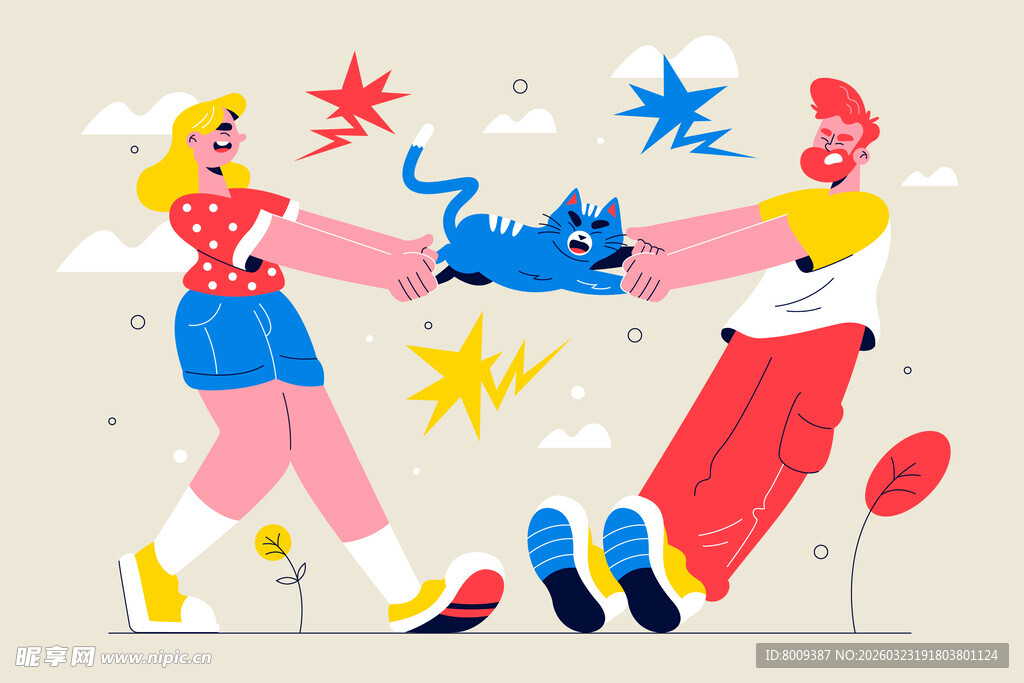 两人争猫趣味插画场景