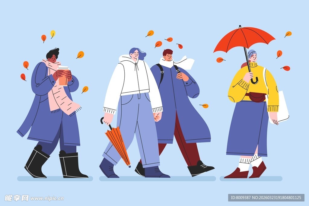 雨中行人人物插画