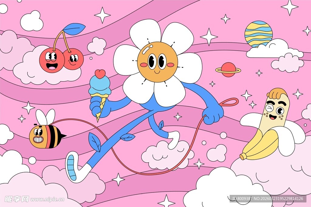 卡通花朵角色的奇幻天空之旅