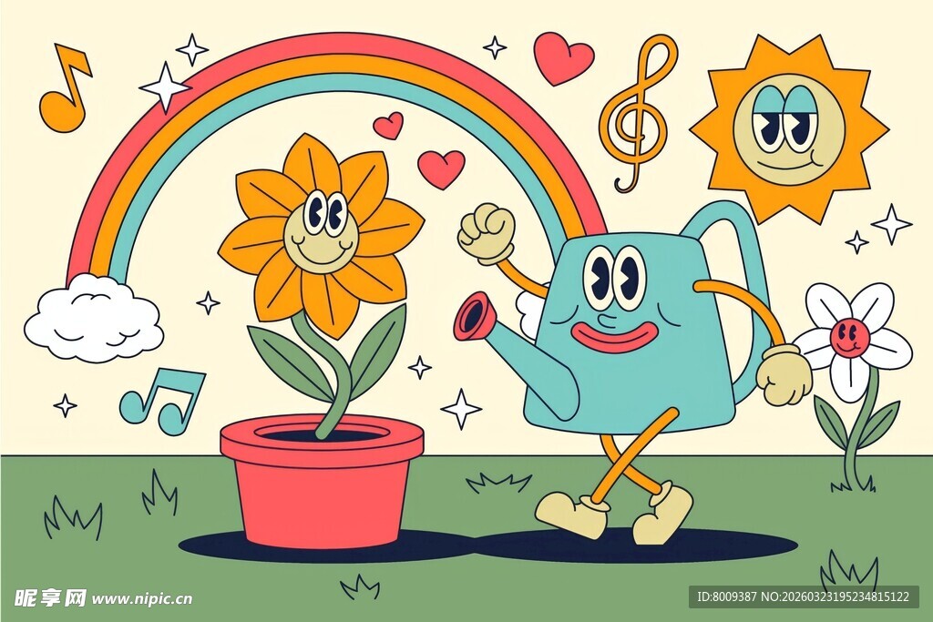 可爱太阳给花浇水插画