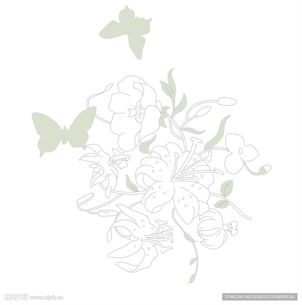 花卉与蝴蝶的优雅线条画