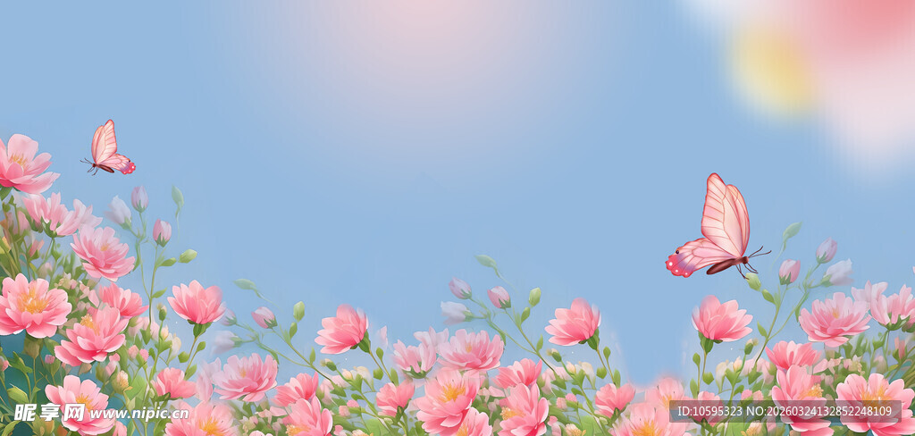 蓝天粉花间双蝶飞舞