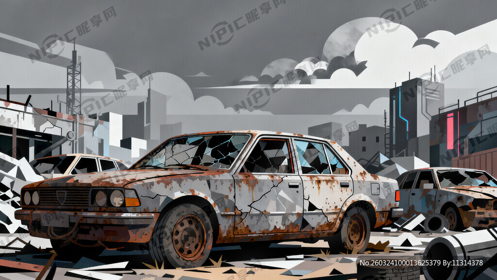 城市废墟 破旧汽车 赛博朋克