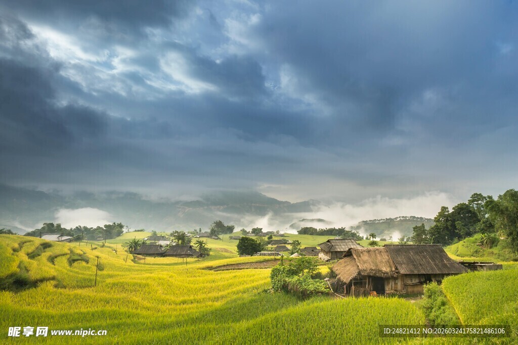 田园风光中的宁静村落