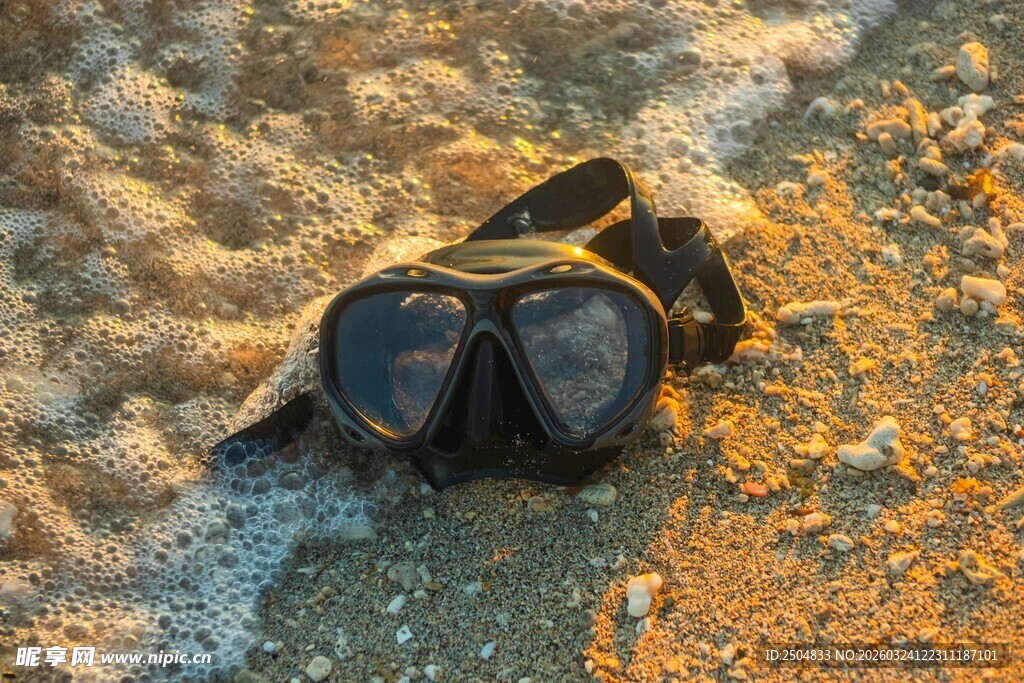 沙滩上的黑色潜水护目镜