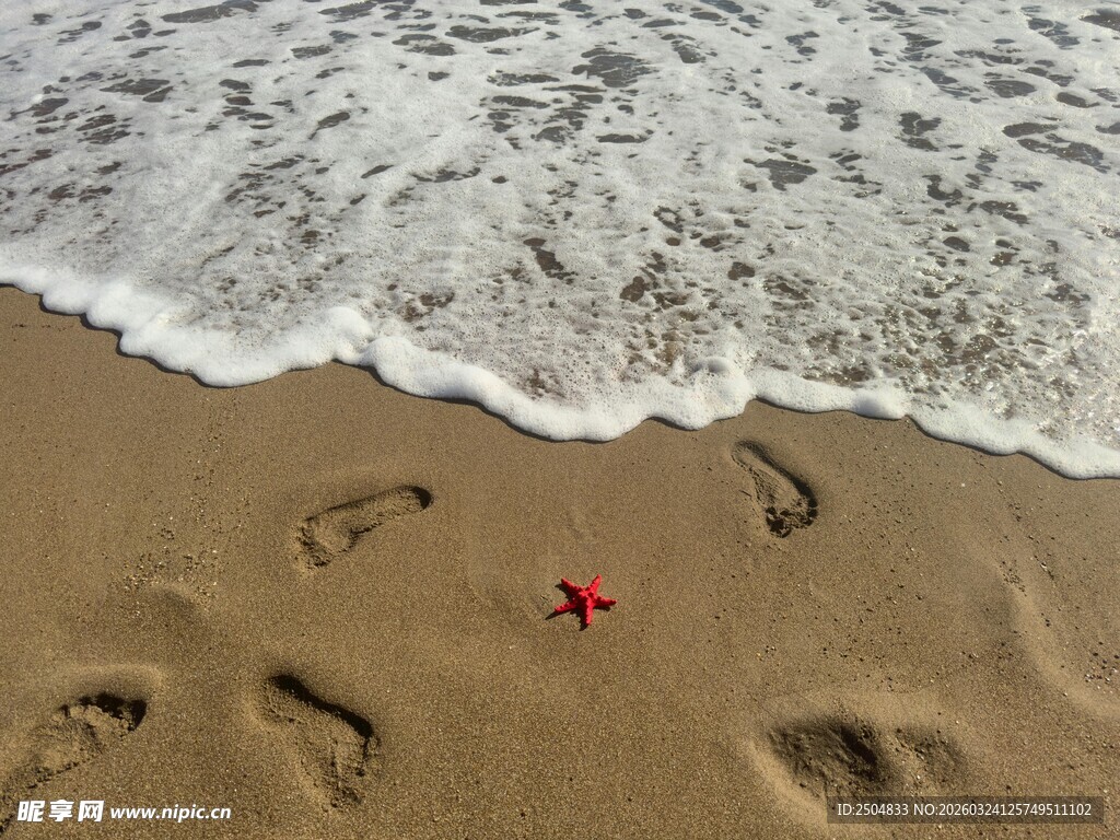 沙滩足迹与海星的浪漫
