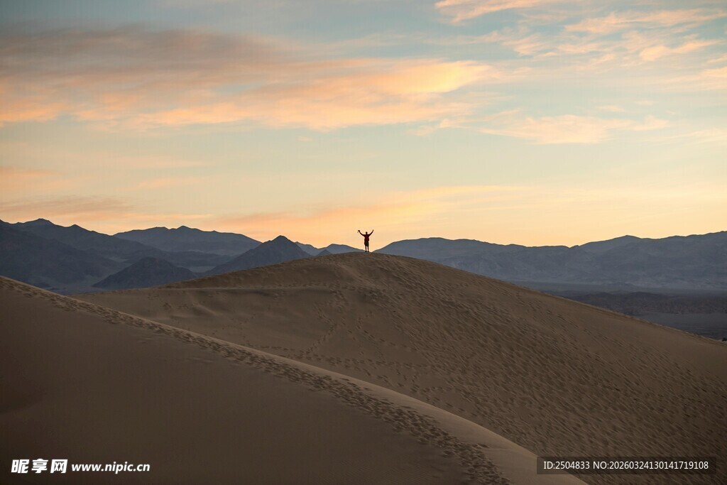  漠日落时的孤高身影